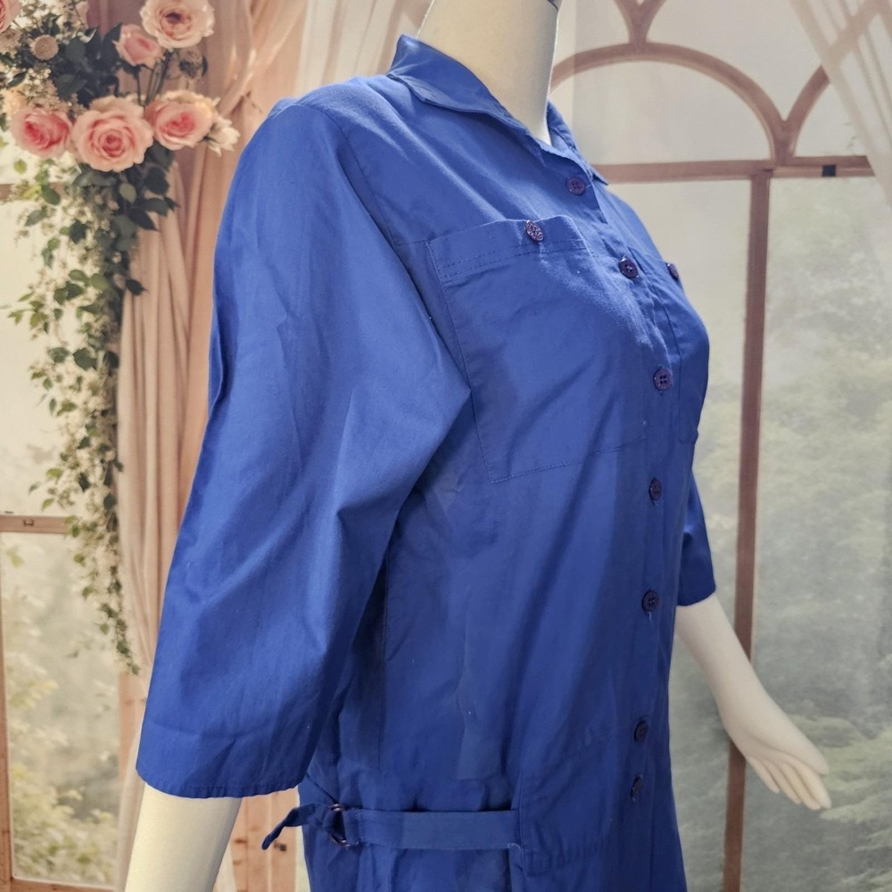 Vintage 1980s Dress Royal Blue Drop Waist Long Sleeve Button Down Collared - Picture 12 of 16